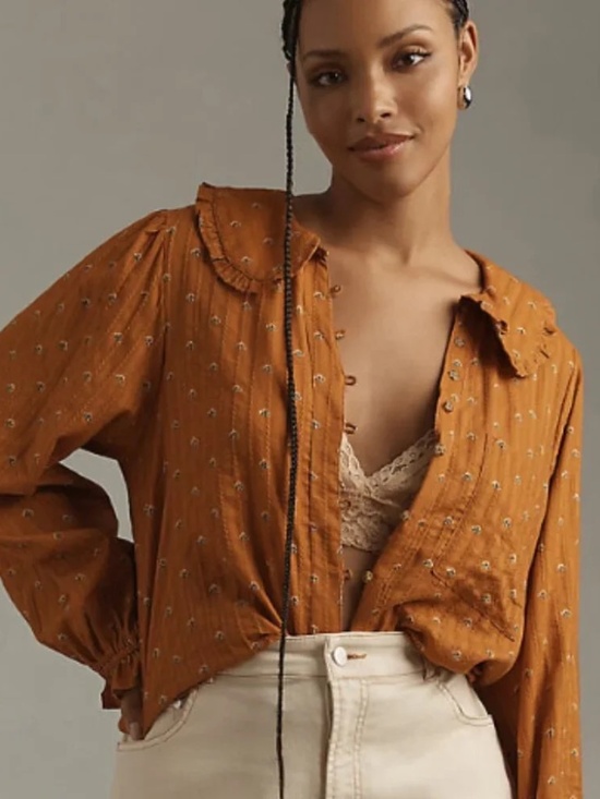 Pilcro Tops - Anthropologie Pilcro Keira Brown Floral Collared Button-Front Long Sleeve Blouse